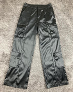 Forever 21 Black Satin Cargo Pants Womens Wide Leg High Rise Pleated Utility M