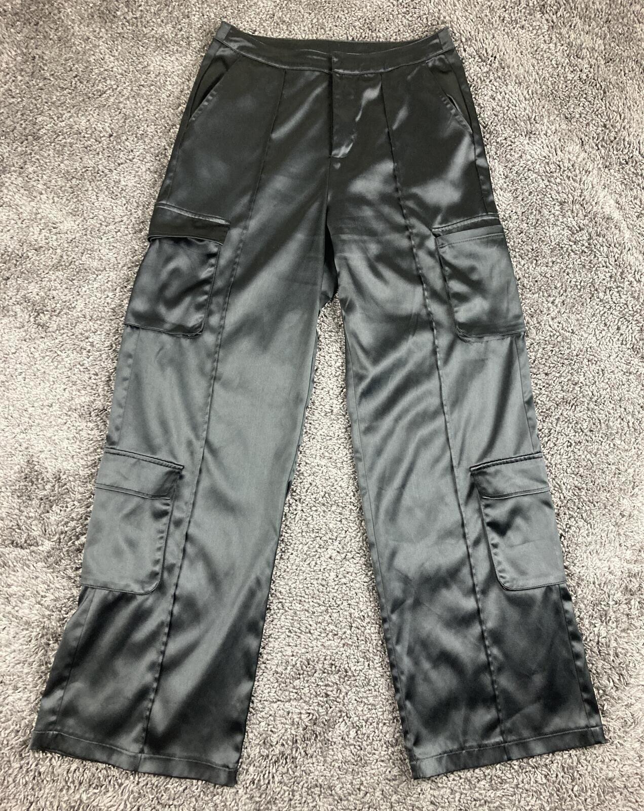 Forever 21 Black Satin Cargo Pants Womens Wide Leg High Rise Pleated Utility M