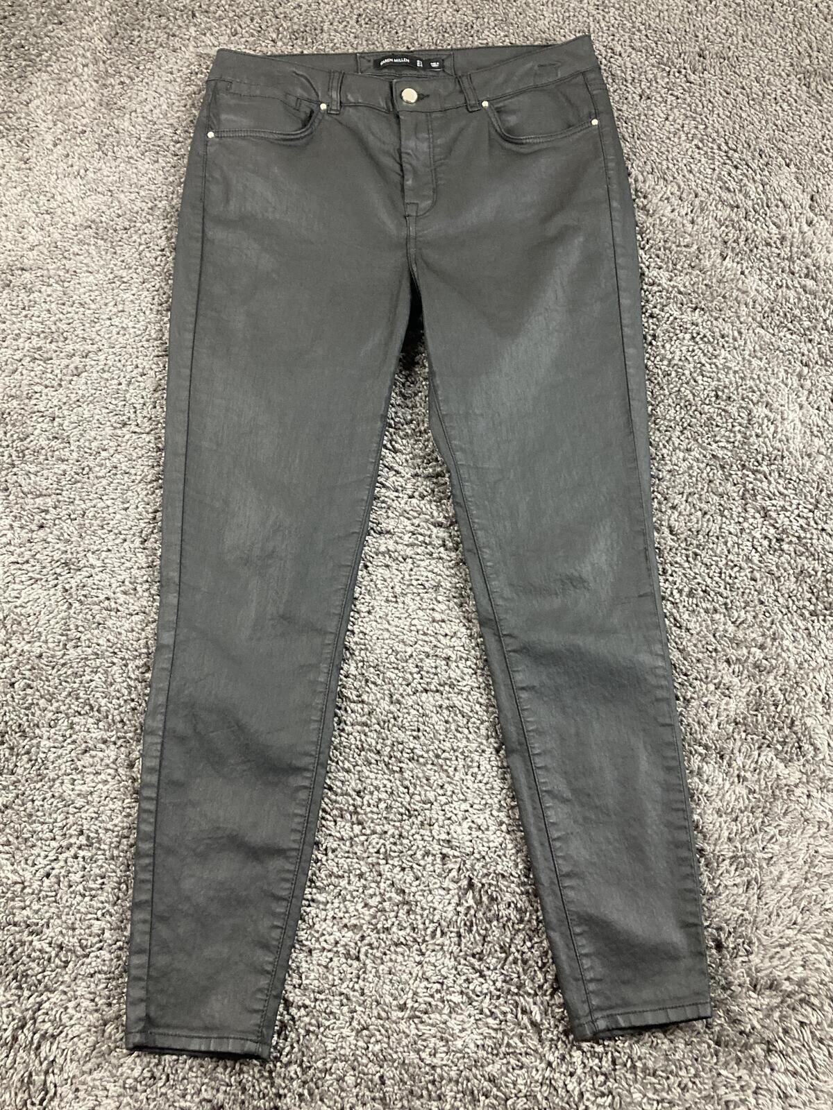 Karen Millen Black Coated Skinny Jeans 32x29 Leather Look Stretch Size 10