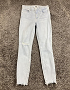 PAIGE Hoxton Ankle Jeans Roar Destructed Light Wash Blue Distressed Raw Hem 25