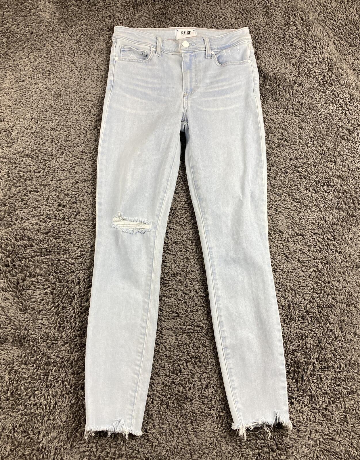 PAIGE Hoxton Ankle Jeans Roar Destructed Light Wash Blue Distressed Raw Hem 25