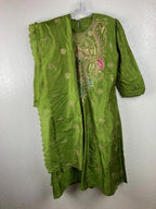 Women's Avocado Green 3pc Embroidered Lined Indian Kurta Pant Dupatta Set Sz L