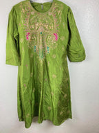 Women's Avocado Green 3pc Embroidered Lined Indian Kurta Pant Dupatta Set Sz L