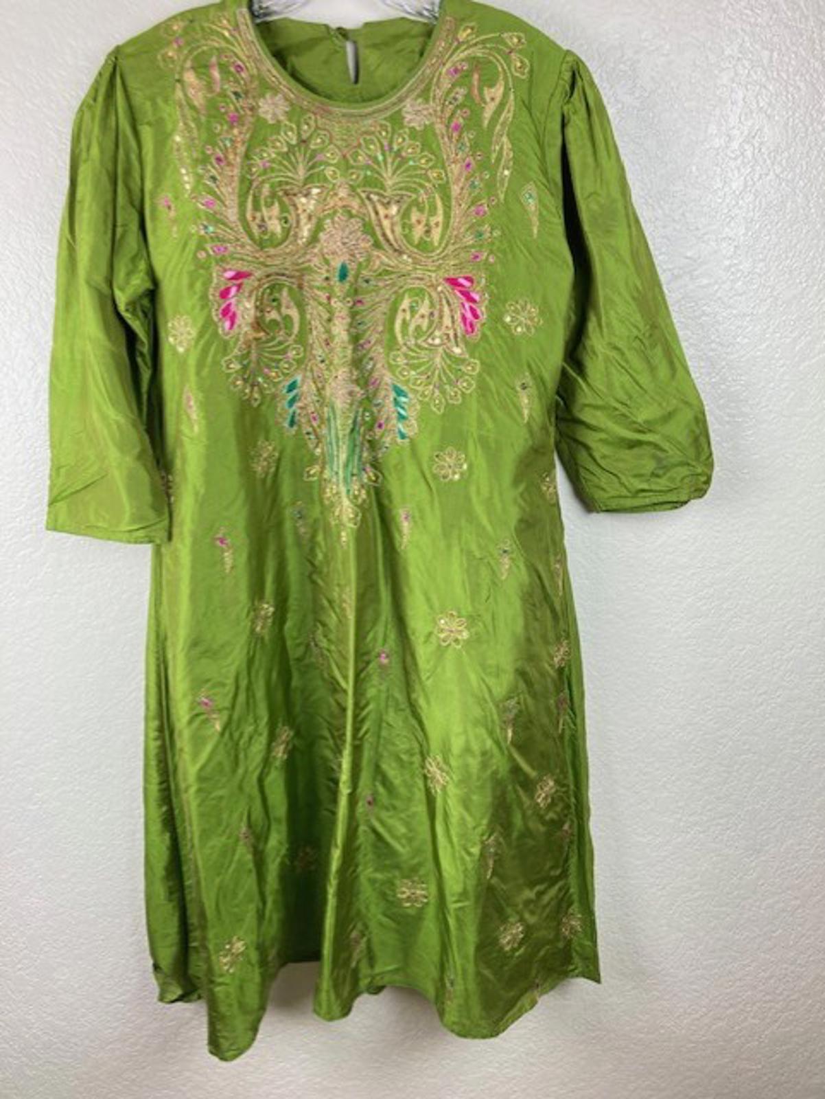 Women's Avocado Green 3pc Embroidered Lined Indian Kurta Pant Dupatta Set Sz L