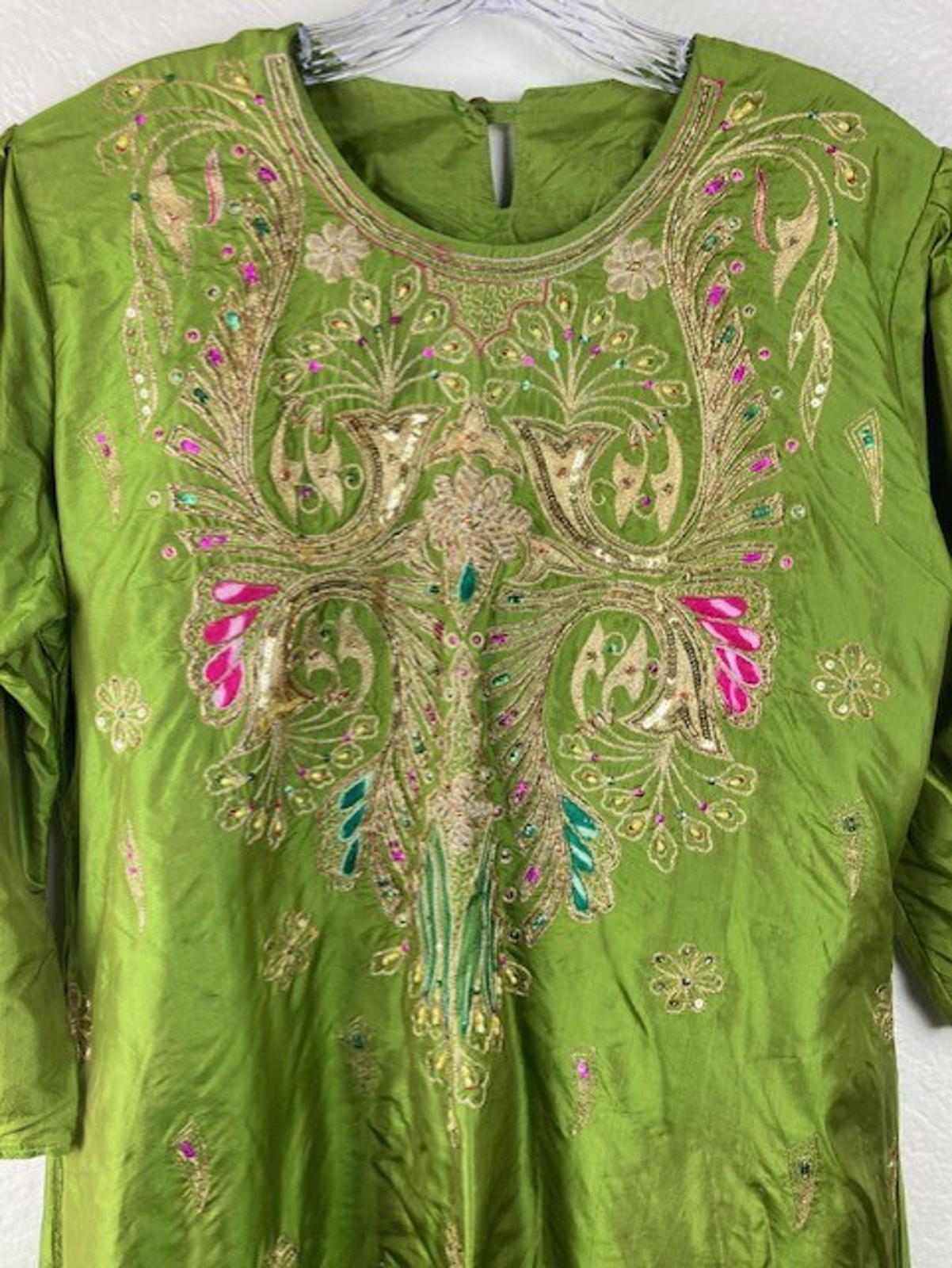 Women's Avocado Green 3pc Embroidered Lined Indian Kurta Pant Dupatta Set Sz L