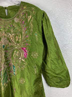Women's Avocado Green 3pc Embroidered Lined Indian Kurta Pant Dupatta Set Sz L