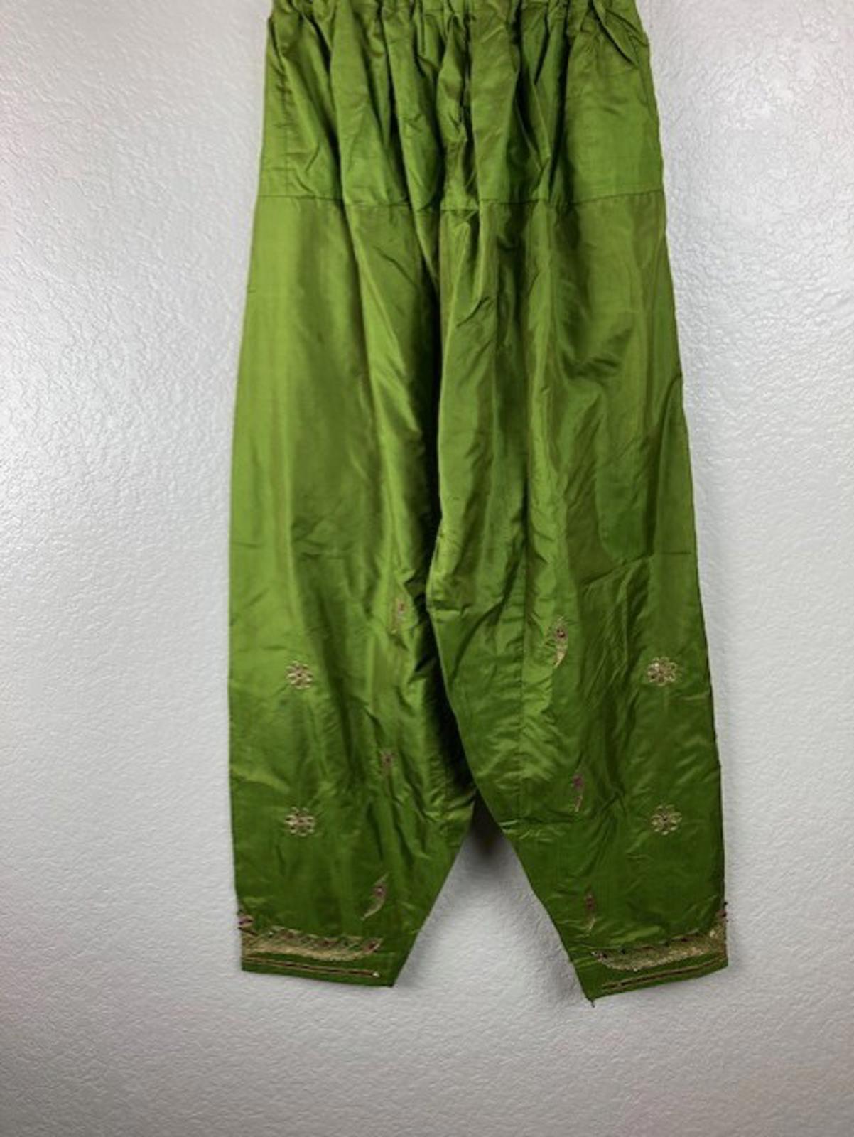 Women's Avocado Green 3pc Embroidered Lined Indian Kurta Pant Dupatta Set Sz L