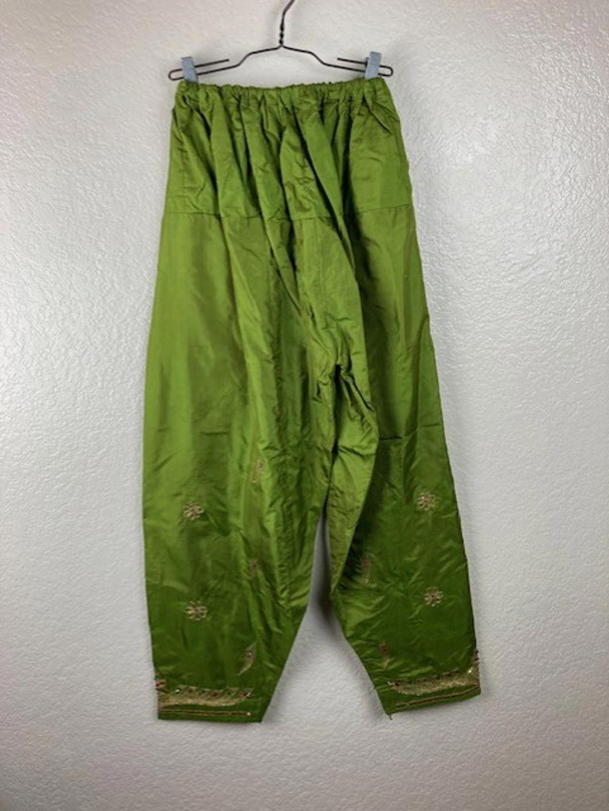 Women's Avocado Green 3pc Embroidered Lined Indian Kurta Pant Dupatta Set Sz L