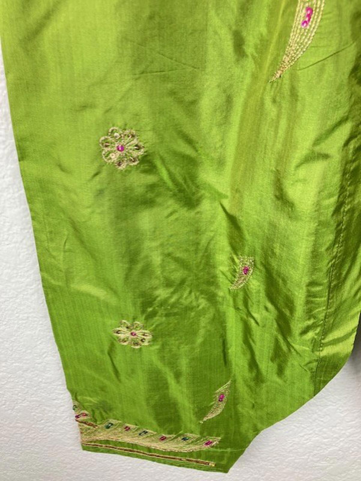 Women's Avocado Green 3pc Embroidered Lined Indian Kurta Pant Dupatta Set Sz L