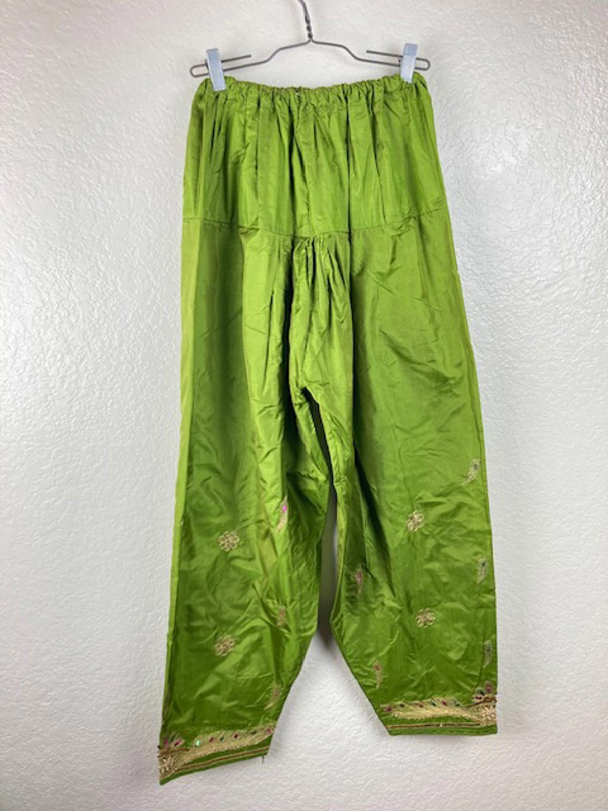 Women's Avocado Green 3pc Embroidered Lined Indian Kurta Pant Dupatta Set Sz L